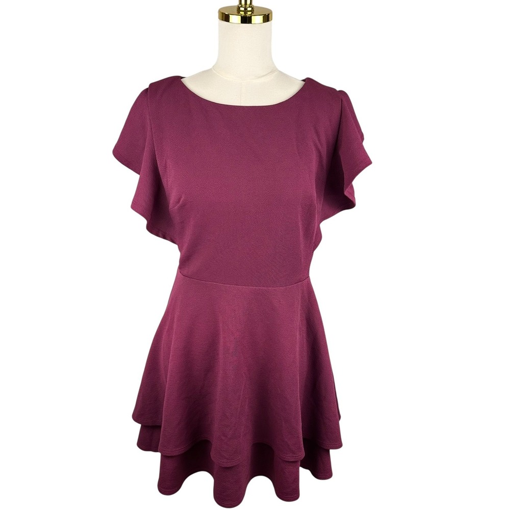 Midnight Doll XL Scuba Crepe Flutter Sleeve Double Hem Fit Flare Dress Burgundy